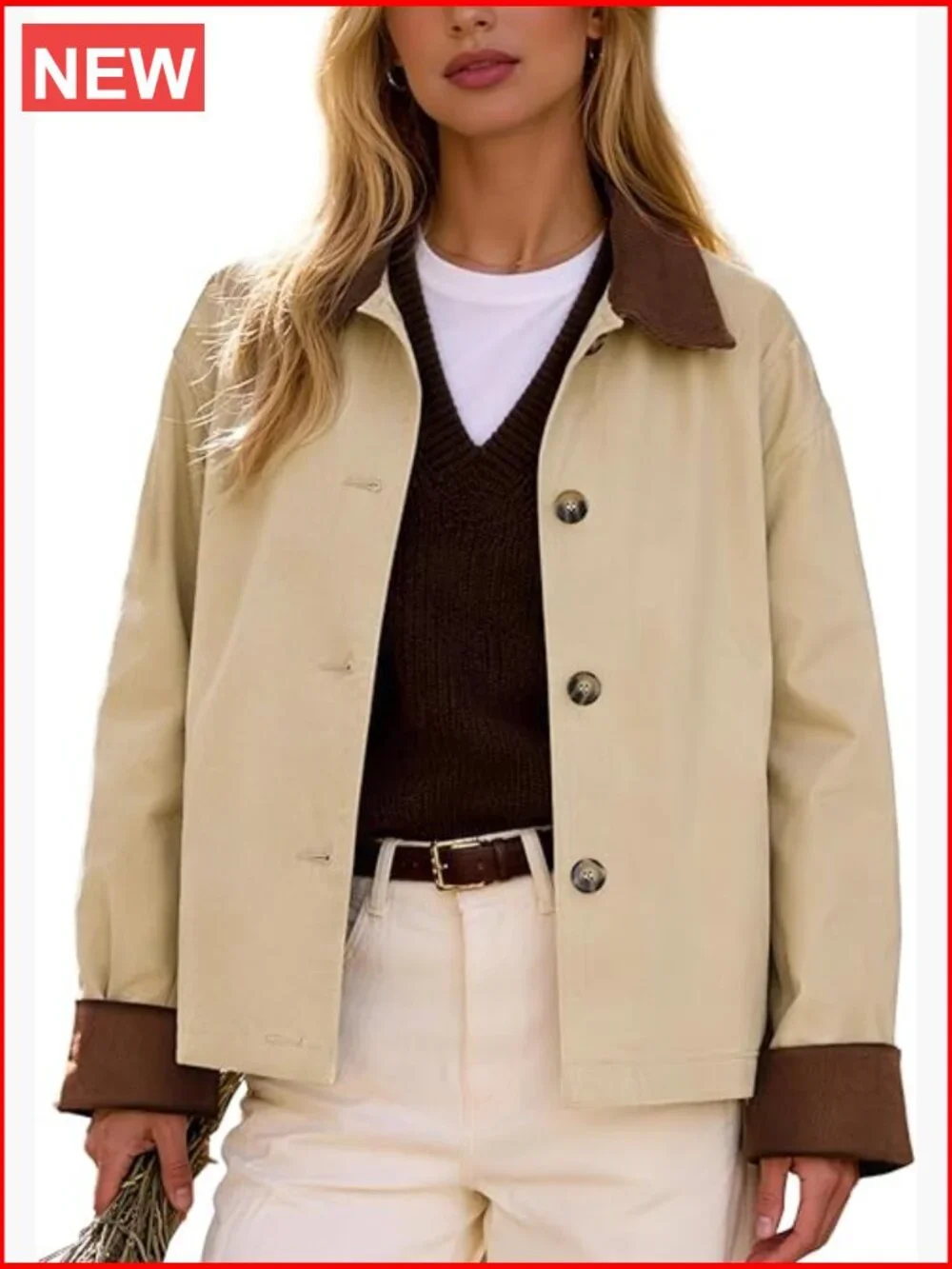 Cropped Trench Coat with Contrast Collar and Corduroy Splicing, Lightweight - Picture 1 of 7